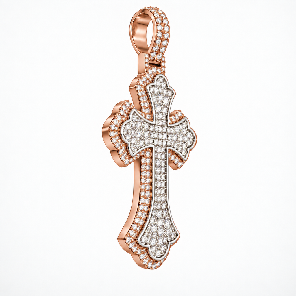 Silver Lab Grown Diamond Rose Gold Cross Charm-6.74 CTW