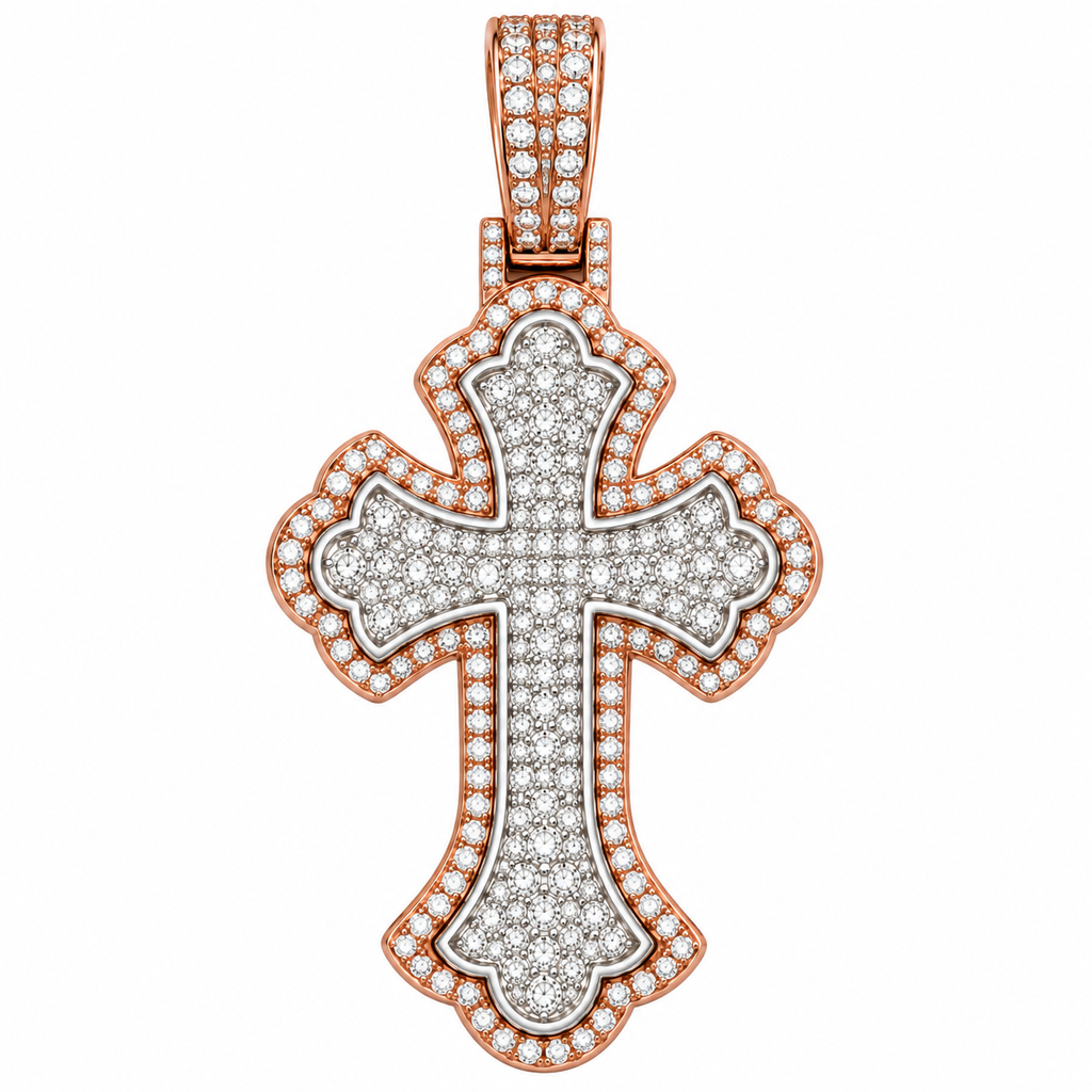 Silver Lab Grown Diamond Rose Gold Cross Charm-6.74 CTW