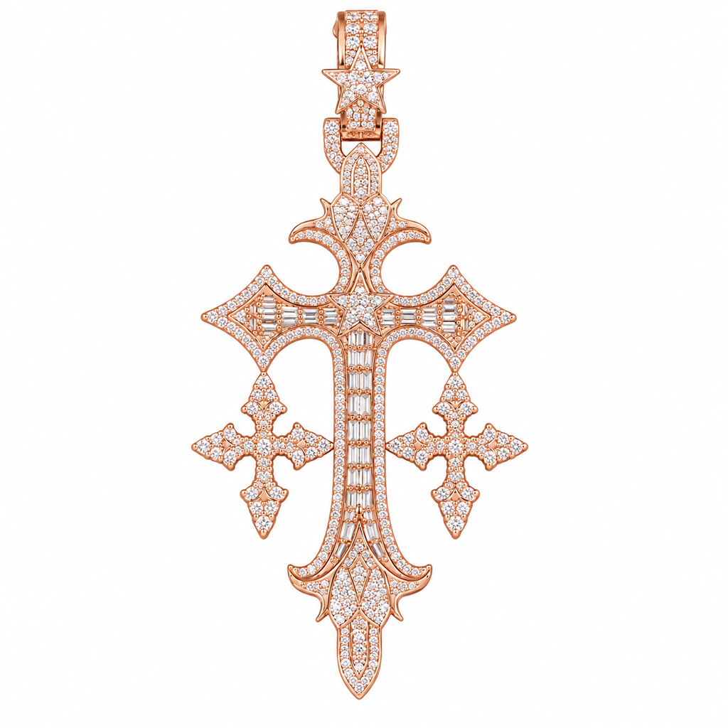 Silver Lab Grown Diamond Triple Cross Pendant Rose Gold-2.88 CTW
