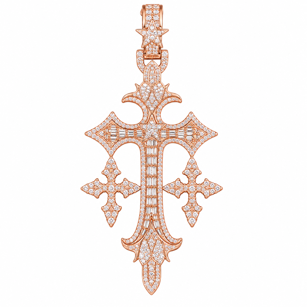 Silver Lab Grown Diamond Triple Cross Pendant Rose Gold-2.88 CTW
