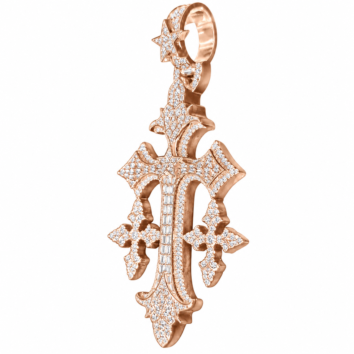 Silver Lab Grown Diamond Triple Cross Pendant Rose Gold-2.88 CTW
