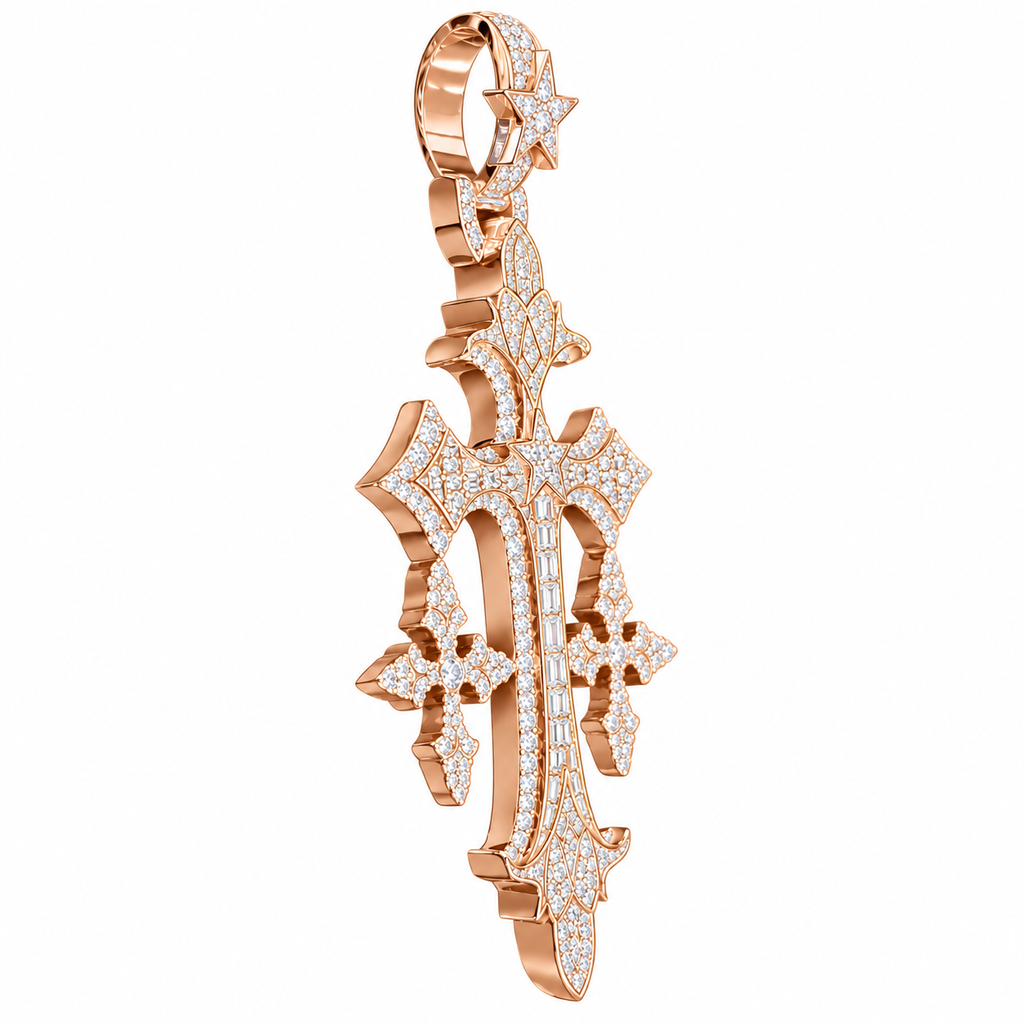 Silver Lab Grown Diamond Triple Cross Pendant Rose Gold-2.88 CTW