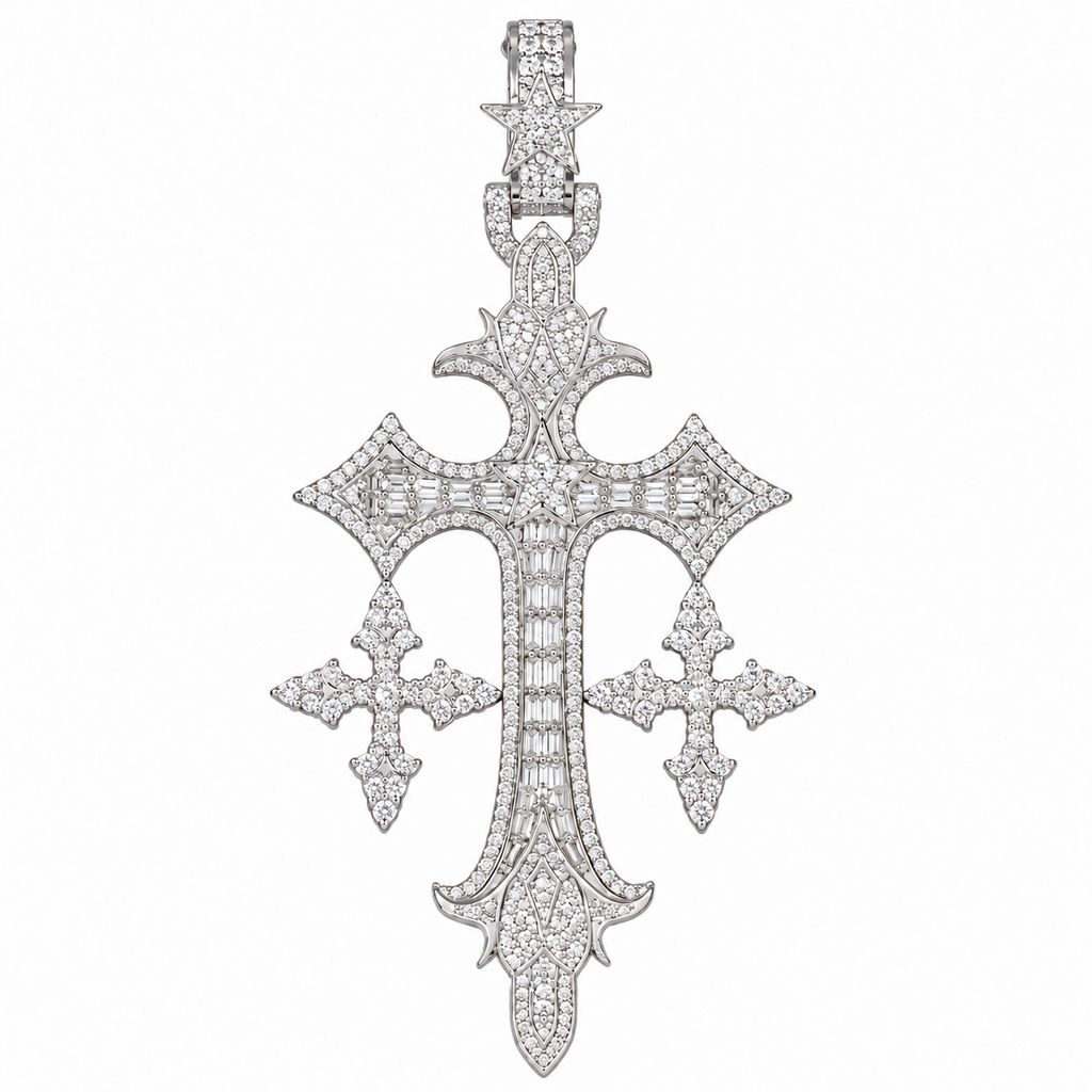 Silver Lab Grown Diamond Triple Cross Pendant-2.88 CTW
