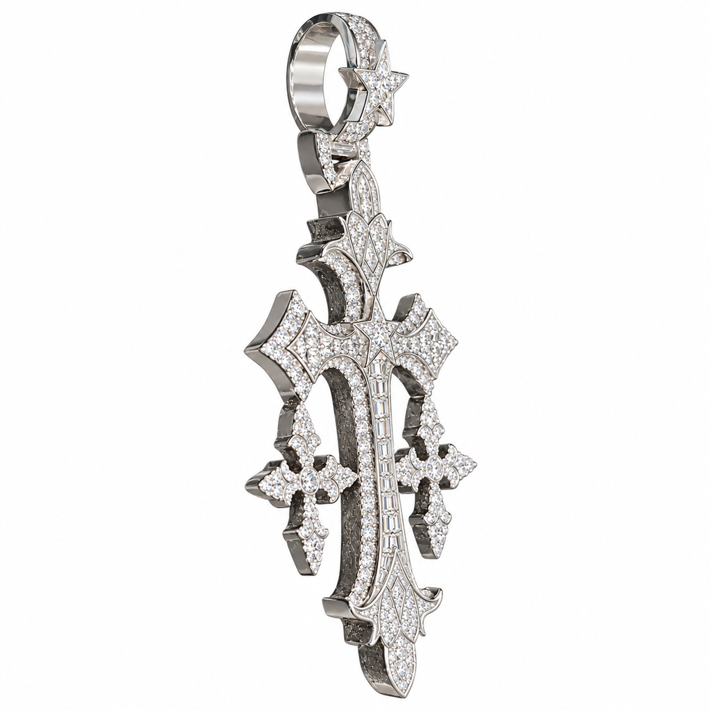 Silver Lab Grown Diamond Triple Cross Pendant-2.88 CTW