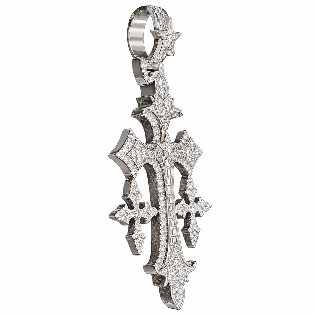 Silver Lab Grown Diamond Triple Cross Pendant-2.88 CTW
