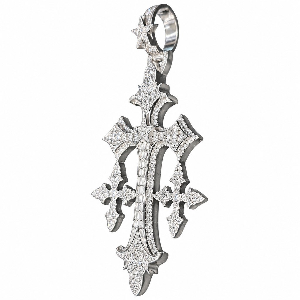 Silver Lab Grown Diamond Triple Cross Pendant-2.88 CTW