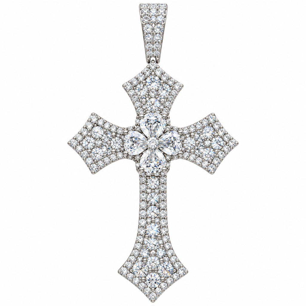 Silver Lab-Grown Diamond Silver Cross Pendant-6.77ctw