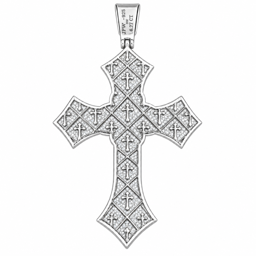 Silver Lab-Grown Diamond Silver Cross Pendant-6.77ctw