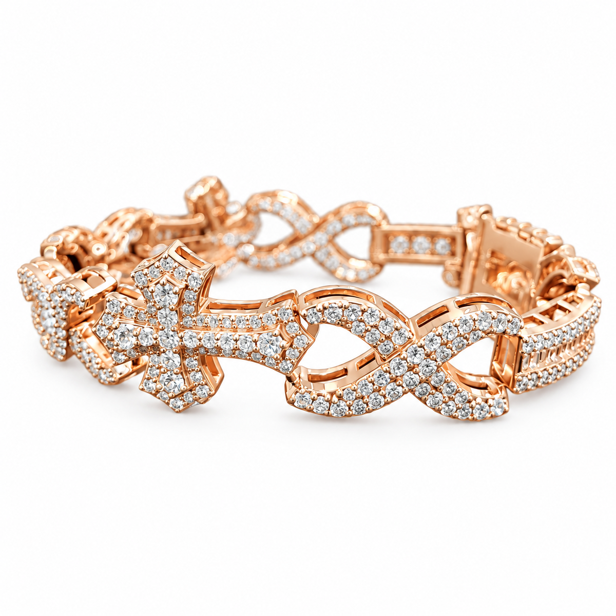 Silver Lab Grown Diamond Rose Gold Cross Infinity Bracelet-7.6 CTW