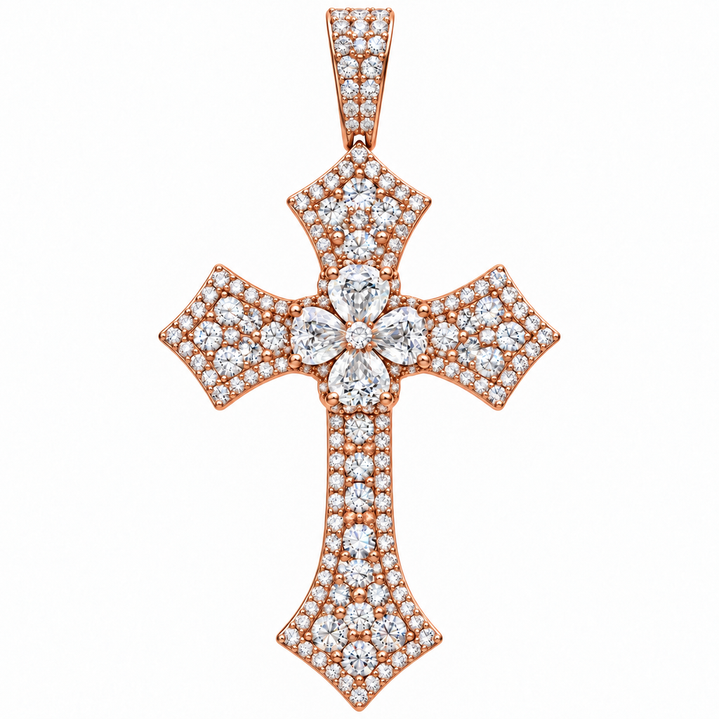 Silver Lab-Grown Diamond Rose Gold Cross Pendant -6.77 CTW